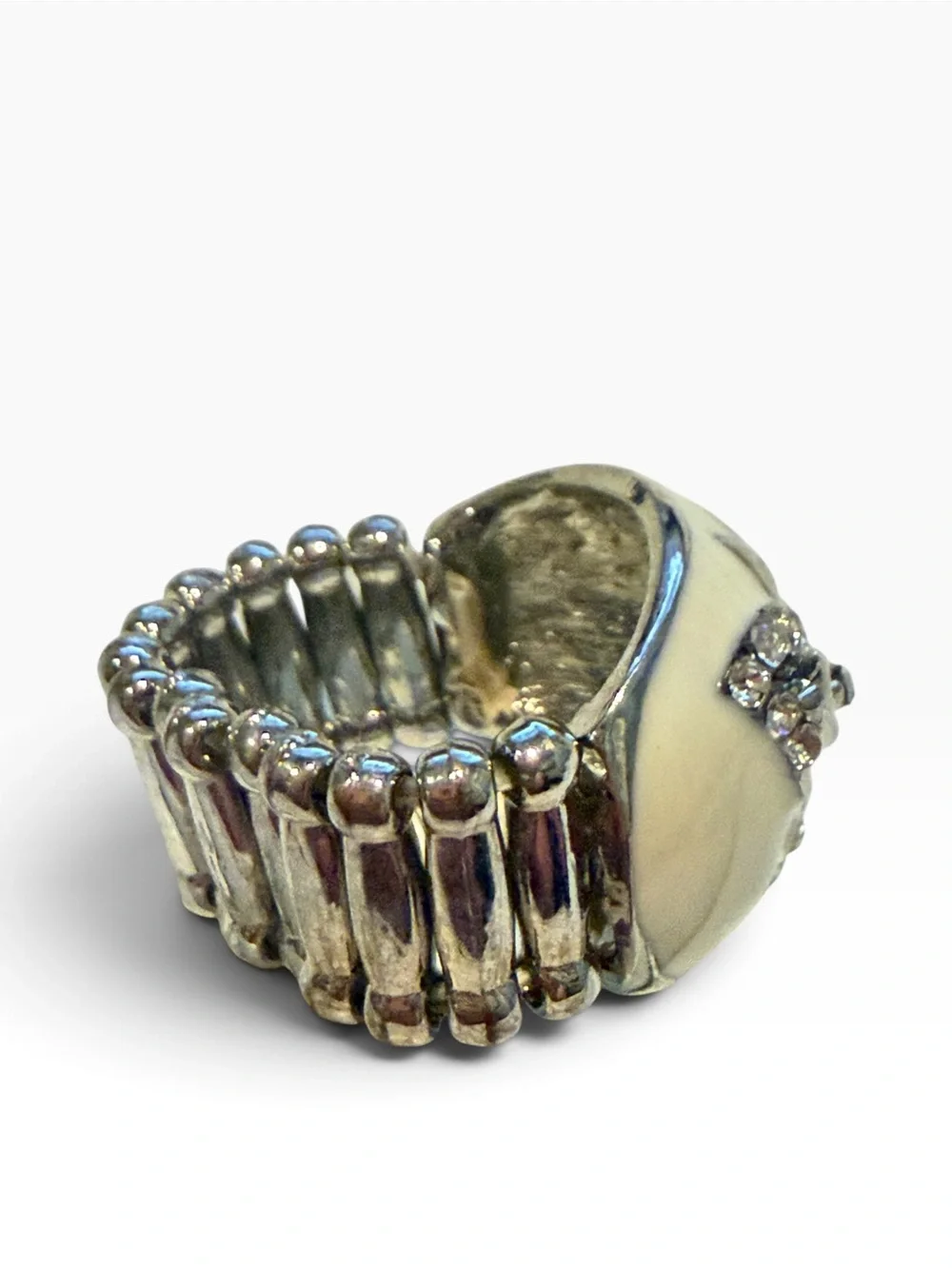 Butterfly Stretch Ring Size 8 Ivory Enamel Rhinestone Silver Tone Statement